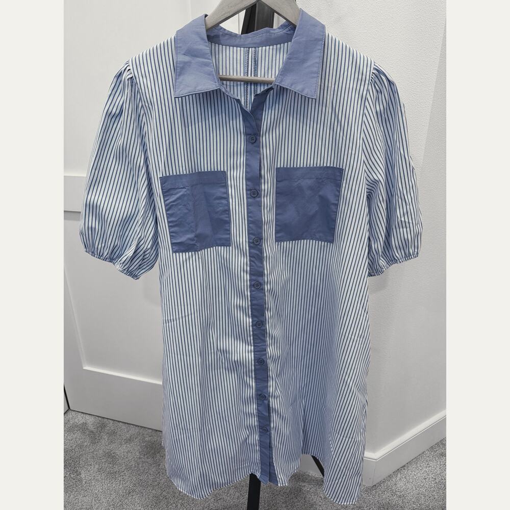 NWOT Sky Blue Stripe Color Block Pockets Mini Dress XL